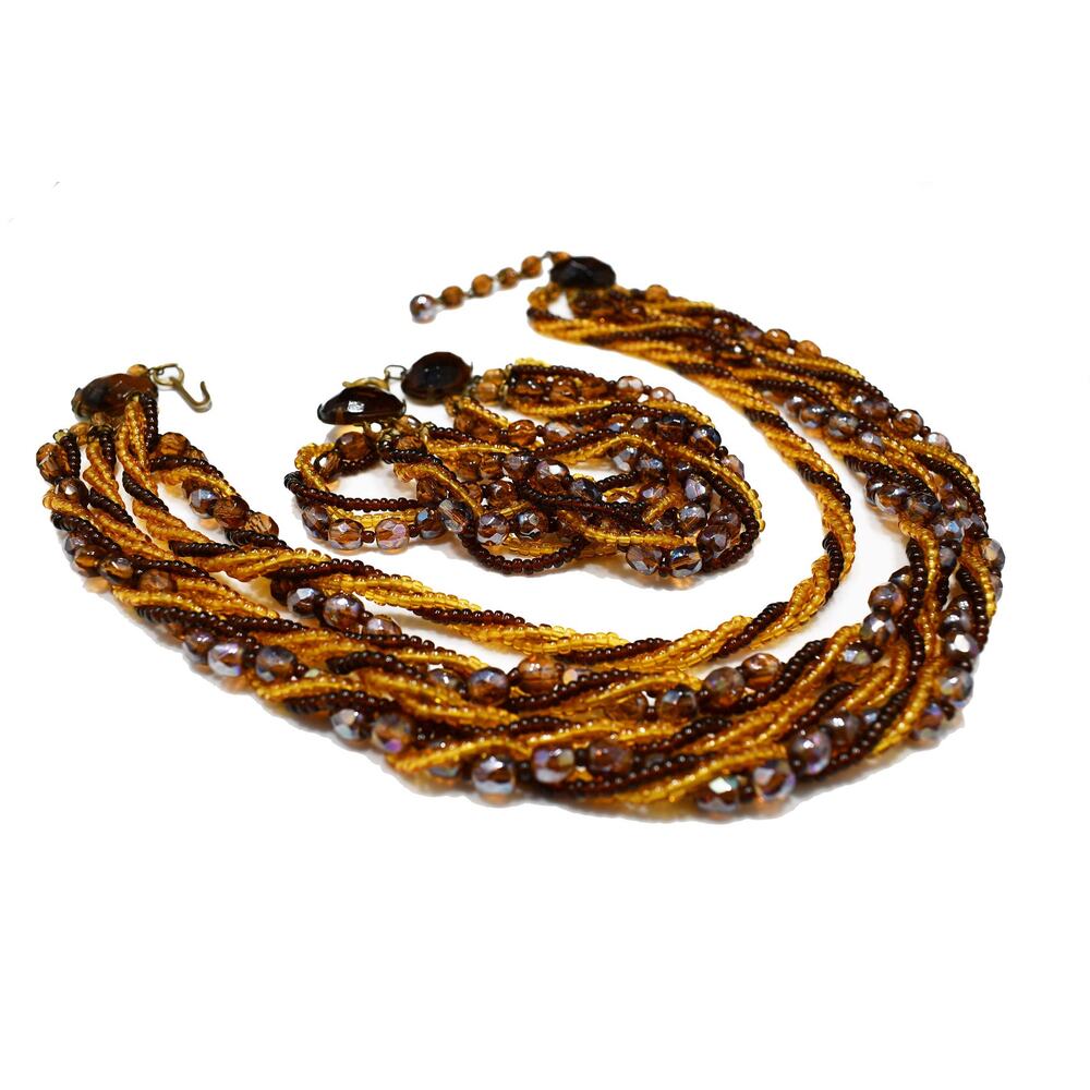Vintage Czech Topaz Glass Multi Strand Necklace Bracelet Set